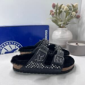 Birkenstock Arizona Microfiber Shearling Lined Slide Rivets Black Women 4 Narrow